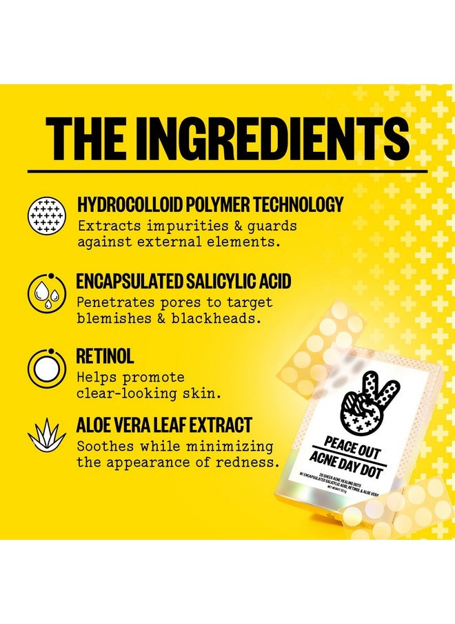 PEACE OUT - PEACE OUT Skincare Acne Day Dot. 6-hour Fast Acting Sheer Hydrocolloid Pimple Patches with Salicylic Acid, Ultra-Thin, Virtually Invisible, Quickly Clear Breakouts, Blemishes and Zits, 20 dots - Image 1