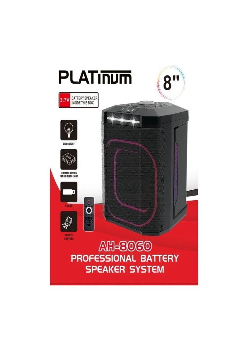 بلاتينيوم صب, سماعه بلوتوث محمولة  AH-8060 ببطارية ليثيوم 3600mAh – 8 بوصة، 25 وات، مع ريموت كنترول، إضاءة LED - Image 1