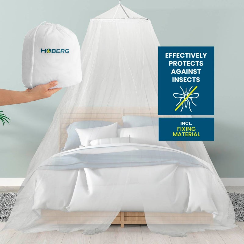Hoberg Hoberg Mosquito Net for Bed, Insect Protection for Single and Double Beds - Ideal for Travel, Canopy Including Dowels, Adhesive Hooks & Bag, Fine Mesh Fly Screen for Indoor and Outdoor Use [White]  - Image 1