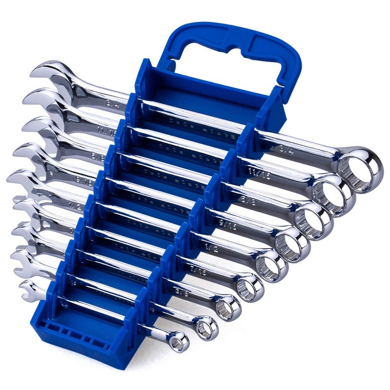 Max Torque 9Piece Premium Combination Wrench Set Standard Inch Sizes from 14 to 34 with Rack Organizer Chrome Vanadium Steel Long Pattern Design Mirror Chrome Finish Open and Box Ends