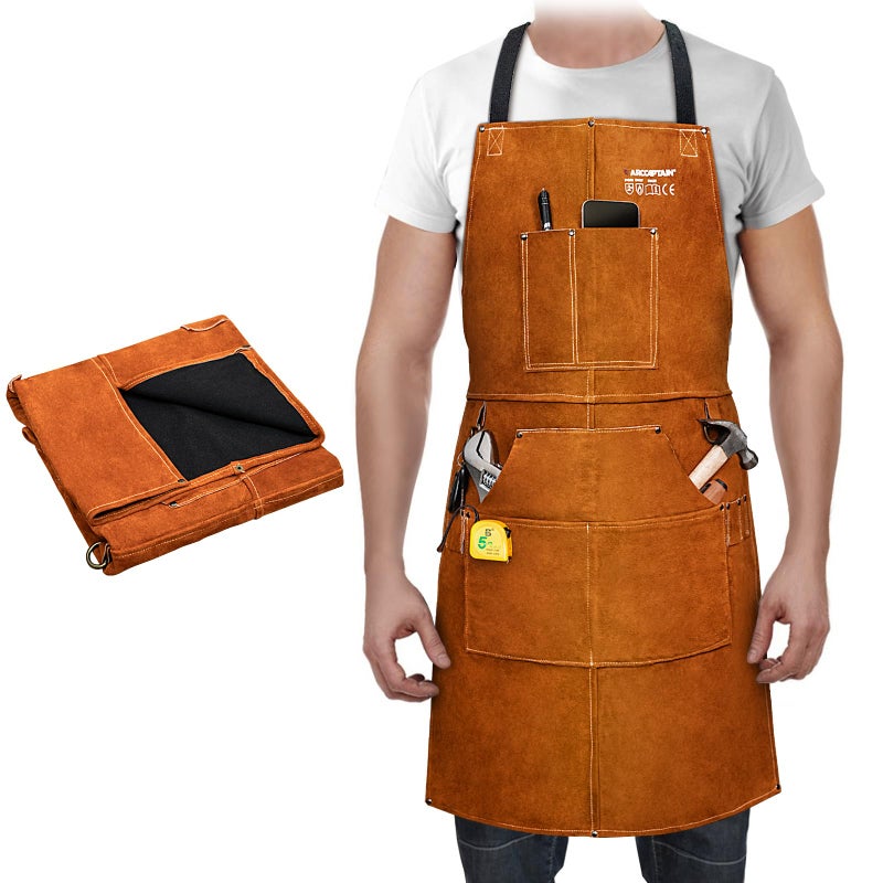 مئزر لحام جلد ARCCAPTAIN 24 × 36 مقاوم للحرارة والنار من جلد البقر مع 6 جيوب للأدوات للرجال والنساء قابل للتعديل من M إلى XXXL بني