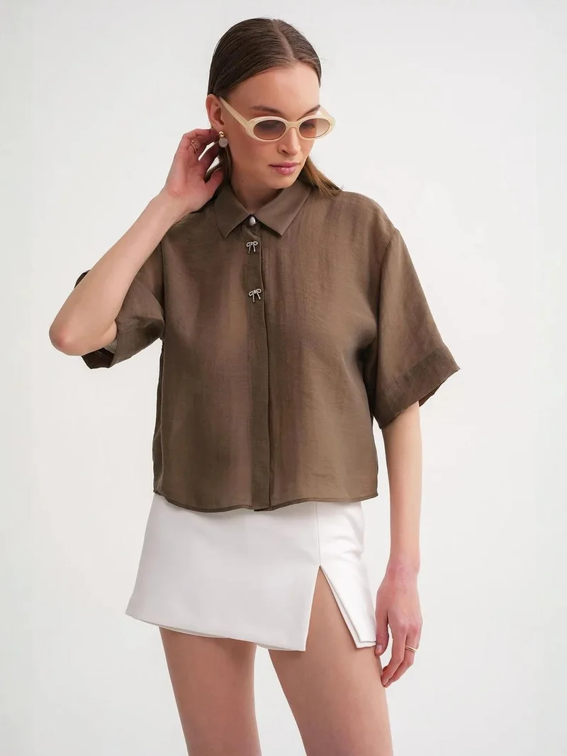MixRay Mixray Short Sleeve Crop Shirt with Stone Accessories