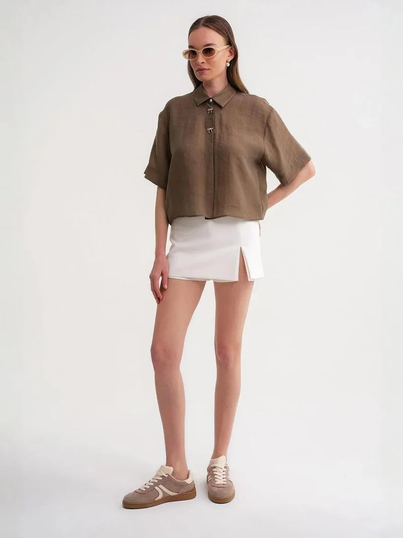 MixRay Mixray Short Sleeve Crop Shirt with Stone Accessories
