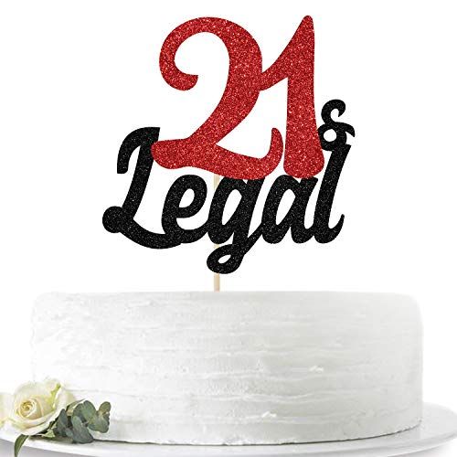 Hotmoon Glitter 21  Legal Cake Topper  Cheers to 21 YearsRip Fake ID  Happy 21st BirthdayAnniversary Party Decoration Supplies Black and Red Glitter - Image 1