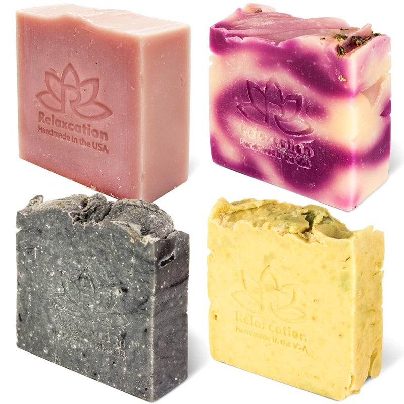 Relaxcation 4 Natural Cold Process Soap Bars Shea Butter Lavender Kaolin Clay Rose Olive and Charcoal Soap Bar