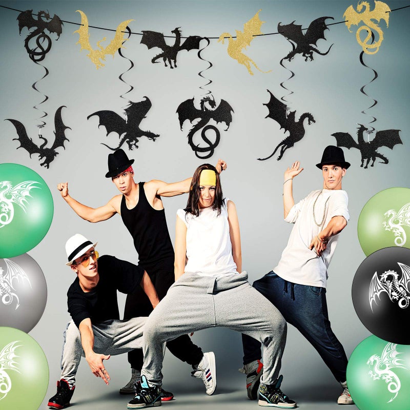 Sumind 33 Pieces Dragon Birthday Party Supplies Dragon Decorations, 20 Dragon Balloons 3 Dragon Banners 10 Dragon Hanging Swirls for Dragon Themed Party Supplies - Image 5