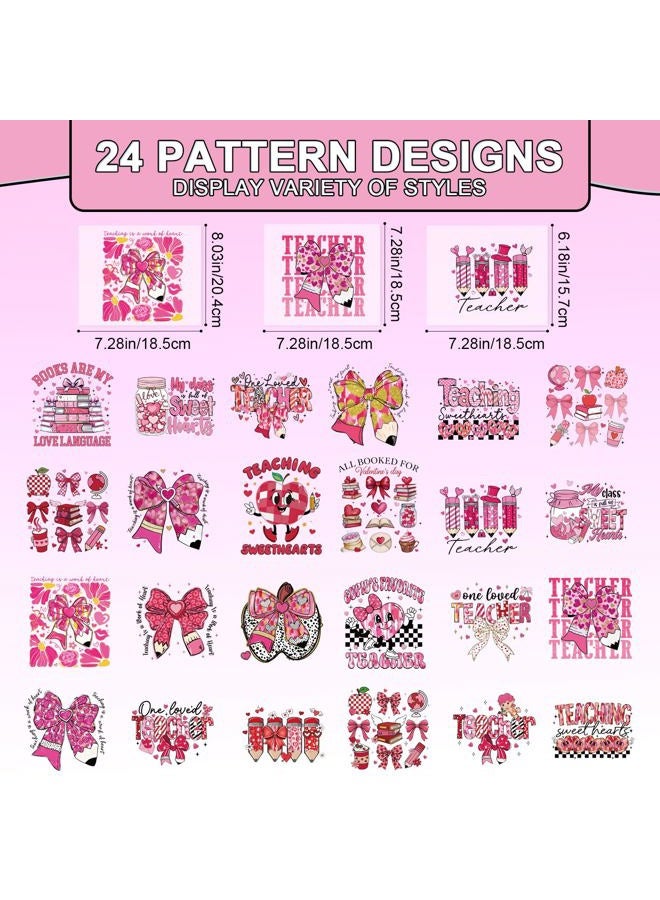 Shejdgart Dtf Transfers Ready to Press - 24 Pcs Valentines Day Teacher Iron on Patches for T-Shirts, Pink Bow Book Pen Iron on Stickers Heat Transfer Vinyl Decals for DIY Fabric Clothes Decor - Image 2