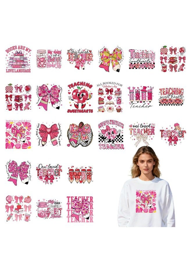 Shejdgart Dtf Transfers Ready to Press - 24 Pcs Valentines Day Teacher Iron on Patches for T-Shirts, Pink Bow Book Pen Iron on Stickers Heat Transfer Vinyl Decals for DIY Fabric Clothes Decor - Image 1