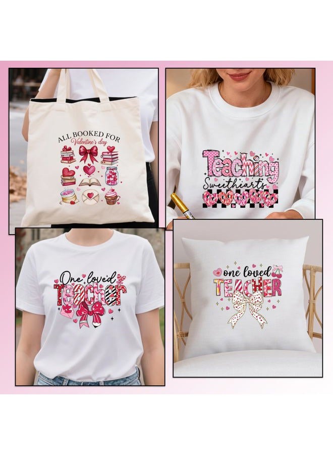 Shejdgart Dtf Transfers Ready to Press - 24 Pcs Valentines Day Teacher Iron on Patches for T-Shirts, Pink Bow Book Pen Iron on Stickers Heat Transfer Vinyl Decals for DIY Fabric Clothes Decor - Image 5