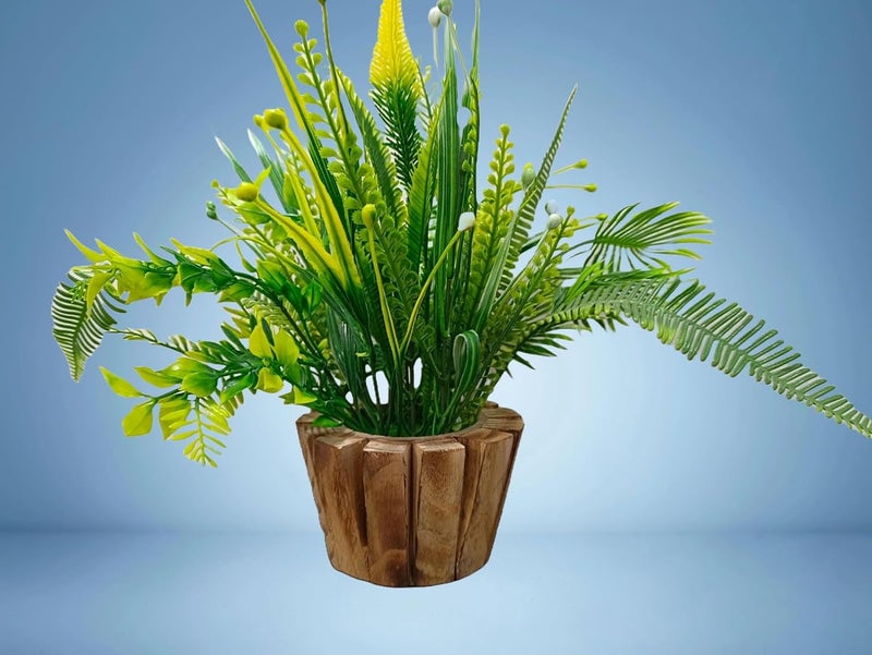 DN Enterprises DN Enterprises Artificial Plant Bamboo Leaves in Round Wooden Pot Faux Desk Plant in Pot for Indoor Home Office Decor 40cm Length Home Table Top Decoration 