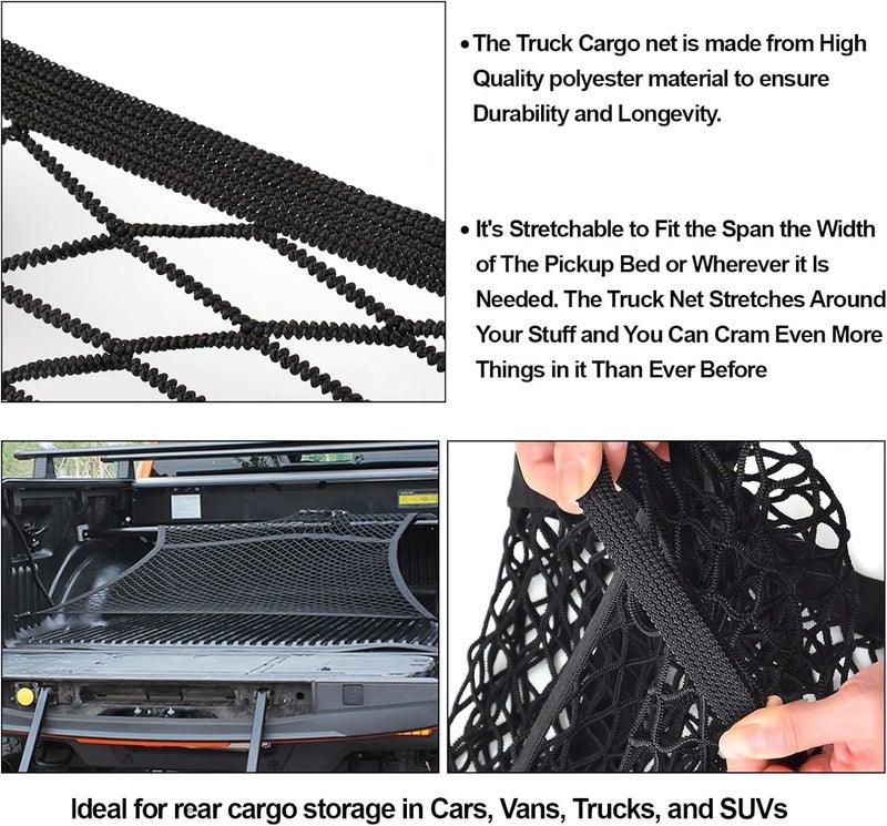 Proxima Direct Upgraded 8 Hook Elastic Truck Bed Cargo Net, Adjustable 4x4ft to 8x8ft, Heavy-Duty Stretchable Design for Dodge Ford Chevy Pickups SUV Racks, Includes ABS Carabiners & Work Gloves - Image 3