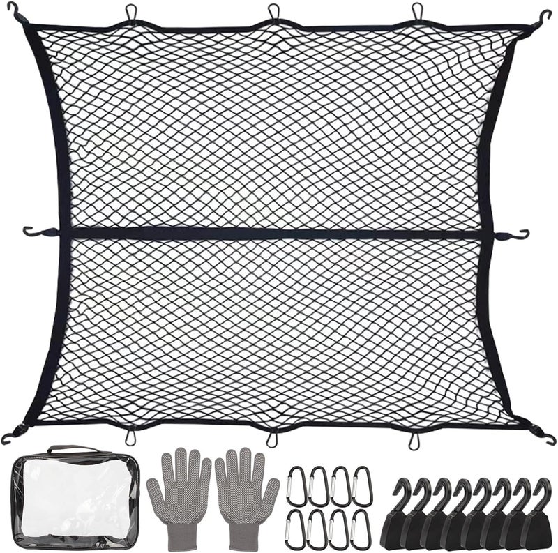 Proxima Direct Upgraded 8 Hook Elastic Truck Bed Cargo Net, Adjustable 4x4ft to 8x8ft, Heavy-Duty Stretchable Design for Dodge Ford Chevy Pickups SUV Racks, Includes ABS Carabiners & Work Gloves - Image 1