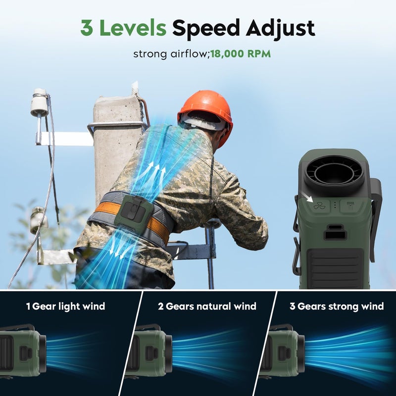 LOUISWARE Portable Waist Fan 18000RPM Strong Airflow Waist Fan Belt fan With Max 12H Working Time 3 Speeds adjustment With LED flashlight Rechargeable Personal Fan for Outdoor Jobsite(Green) - Image 3