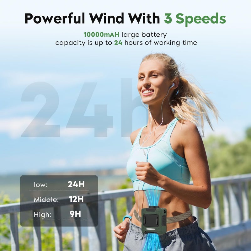 LOUISWARE Portable Waist Fan 18000RPM Strong Airflow Waist Fan Belt fan With Max 12H Working Time 3 Speeds adjustment With LED flashlight Rechargeable Personal Fan for Outdoor Jobsite(Green) - Image 4