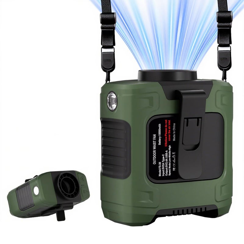 LOUISWARE Portable Waist Fan 18000RPM Strong Airflow Waist Fan Belt fan With Max 12H Working Time 3 Speeds adjustment With LED flashlight Rechargeable Personal Fan for Outdoor Jobsite(Green) - Image 1