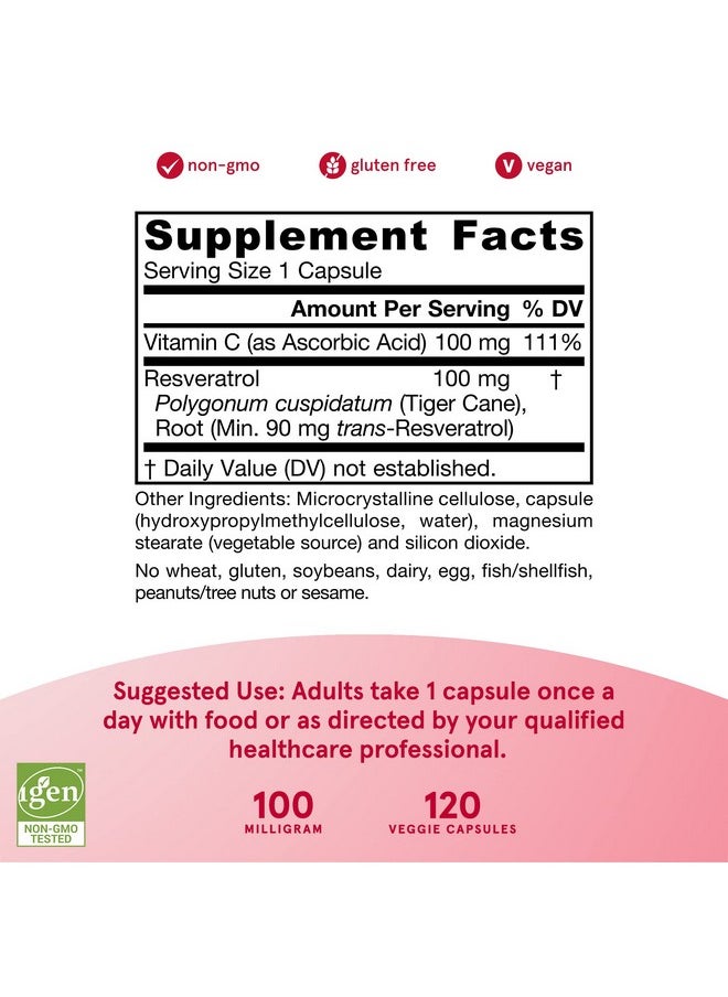 jarrow formulas - Resveratrol 100 Mg 120 Veggie Caps Resveratrol + Vitamin C Antioxidant & Cardiovascular Support 120 Servings - Image 1