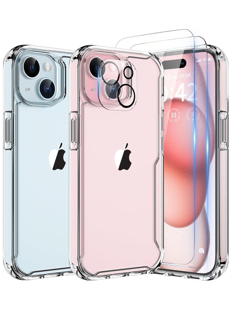 iPhone 15 Case with [2 Screen Protector + 1 Camera Lens Protector] [Military Grade Protection] [Anti-Yellowing] Shockproof Hard PC Back Flexible TPU Sides Cover iPhone 15 Phone Case Clear - Image 1