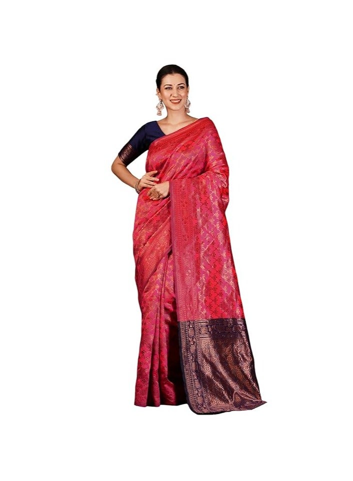 مملكة الإكسسوارات ساري كانجيفارام الناعم من قماش جاكار باناراسي النسائي مع قطعة بلوزة غير مخيطة - Image 1