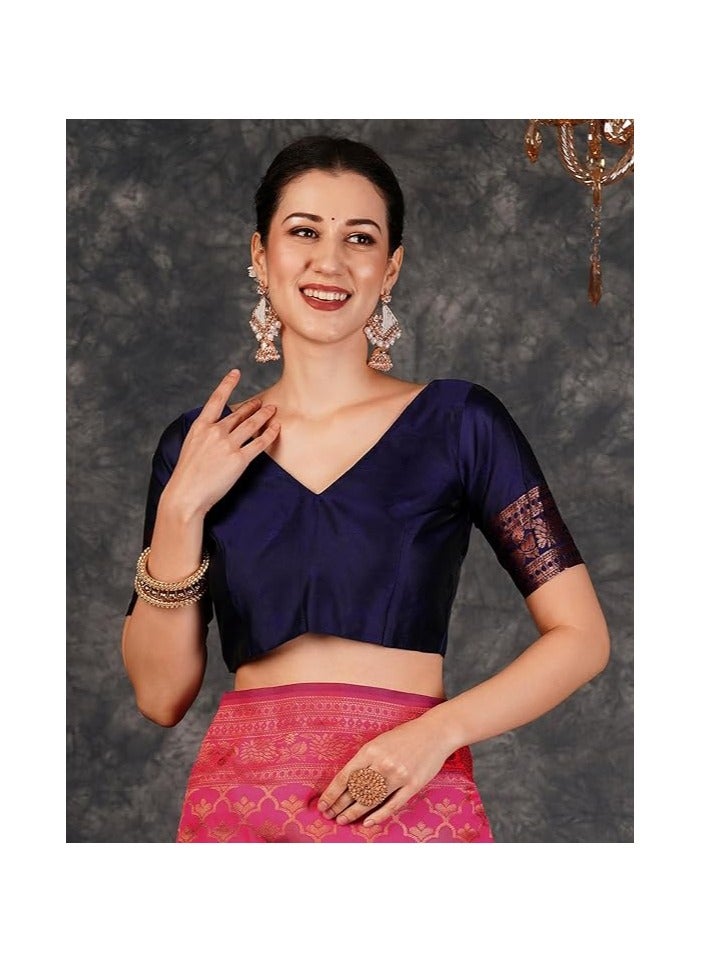 مملكة الإكسسوارات ساري كانجيفارام الناعم من قماش جاكار باناراسي النسائي مع قطعة بلوزة غير مخيطة - Image 4