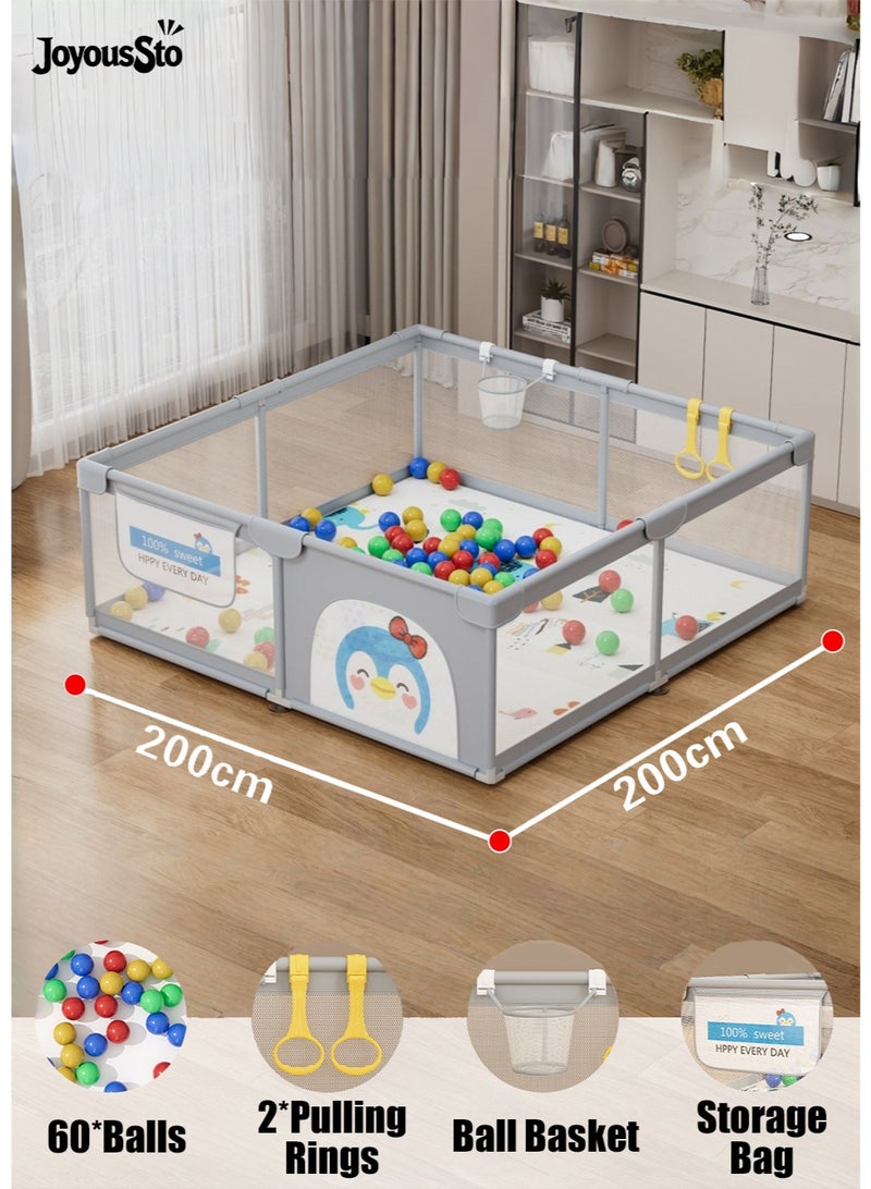 متجر الفرح حظيرة لعب للأطفال الصغار والرضع، ساحات لعب داخلية وخارجية مع شبكة قابلة للتنفس ومقاومة للسقوط 200 سم × 200 سم، حظيرة لعب كبيرة جدًا للأطفال، دبوس لعب، منطقة سياج، تتضمن كرات المحيط، حلقات سحب وطوق كرات - Image 1