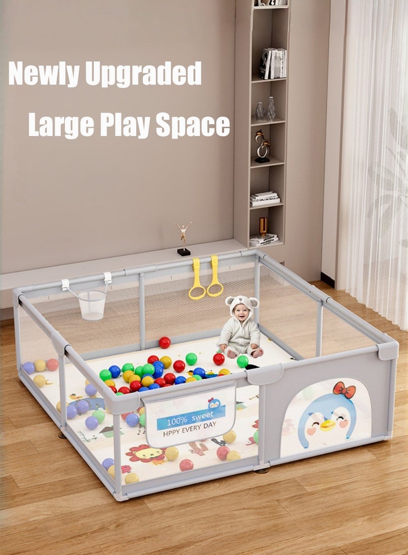 متجر الفرح حظيرة لعب للأطفال الصغار والرضع، ساحات لعب داخلية وخارجية مع شبكة قابلة للتنفس ومقاومة للسقوط 200 سم × 200 سم، حظيرة لعب كبيرة جدًا للأطفال، دبوس لعب، منطقة سياج، تتضمن كرات المحيط، حلقات سحب وطوق كرات - Image 2