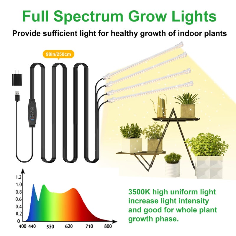 RWNTAO LED Plant Growing lamp Strips, Full Spectrum 3500K Grow Light for Indoor Plants with 3/9/12H Timer and 10 Dimmable Levels for Green House Hydroponics Succulentï¼Œ4 Head 13 Inches - Image 2