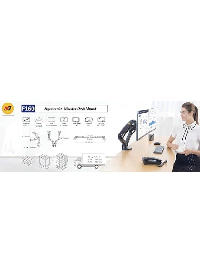 TECVITY F160 Dual Monitor Arm for 17-30 inch Monitors with Gas System, Adjustable Desktop Mount up to 9 kg per arm - Image 2