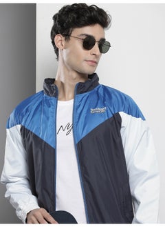 The Indian Garage Co Men Navy Blue Regular Fit Zipper Pockets Color Block Jacket  - Image 1