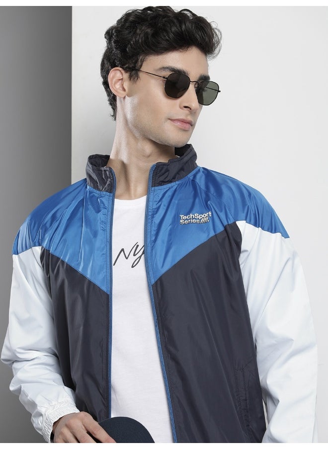 The Indian Garage Co - Men Navy Blue Regular Fit Zipper Pockets Color Block Jacket - Image 1