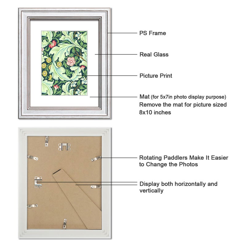 DEKWINN,8x10 Picture Frame Set of 4 with Real Glass for Pictures 5x7 with Mat or 8x10 without Mat,White Rustic Retro Photo Frames for Wall or Tabletop Display - Image 3