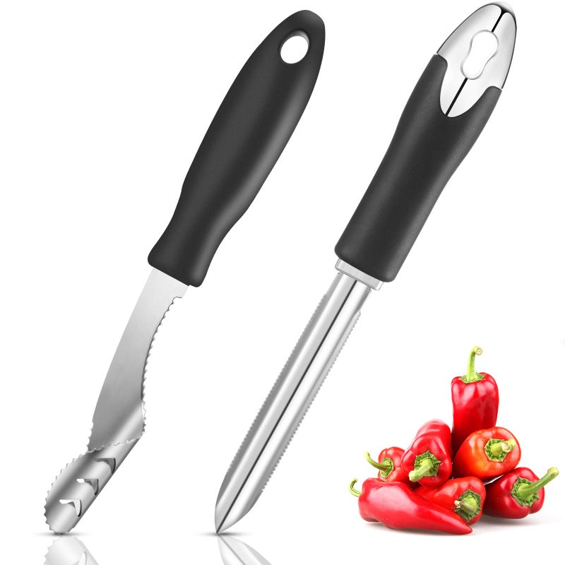 2 Pieces Jalapeno Pepper Corer Zucchini Cucumber Corer Remover with Serrated Slice and Rubber Handle Seed Remover or Slice Off Vegetables Tops for Kitchen