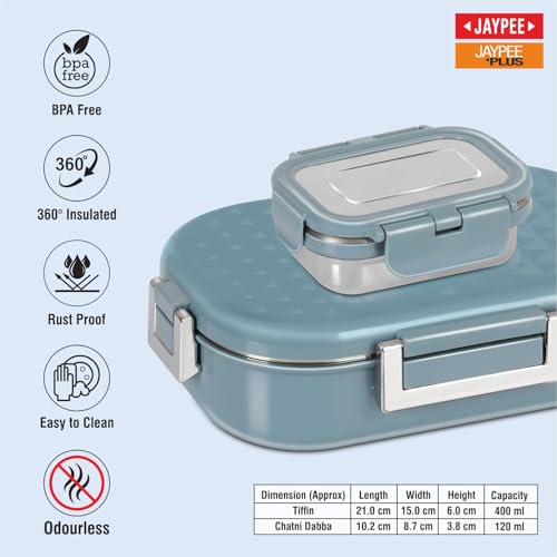 JAYPEE PLUS JAYPEE Snapsteel Inner Stainless Steel Insulated Lunch Box Blue, 650 ml, Airtight Tiffin Box for School Kids | Spillproof with Silicon Seal | Food Grade | BPA Free - Image 3