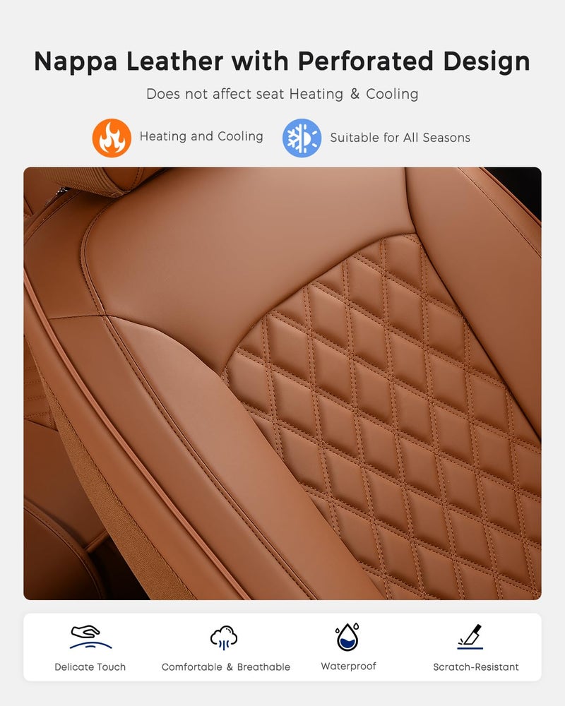 Huidasource Brown Seat Covers, Nappa Leather Car Seat Covers, Velcro Adjustable, Compatible with Airbags, Armrests, Child Seat, Seat Belts, Fit for Most Cars, Vans, Trucks, SUVs (Full Set/Brown) - Image 3