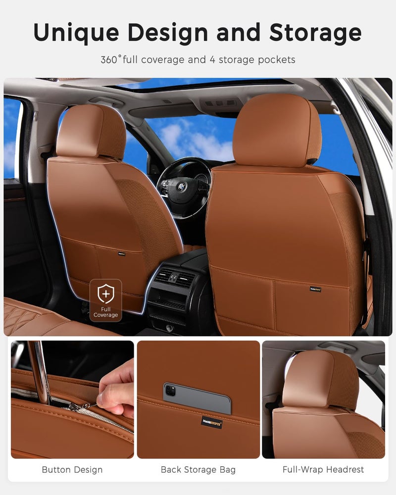 Huidasource Brown Seat Covers, Nappa Leather Car Seat Covers, Velcro Adjustable, Compatible with Airbags, Armrests, Child Seat, Seat Belts, Fit for Most Cars, Vans, Trucks, SUVs (Full Set/Brown) - Image 5