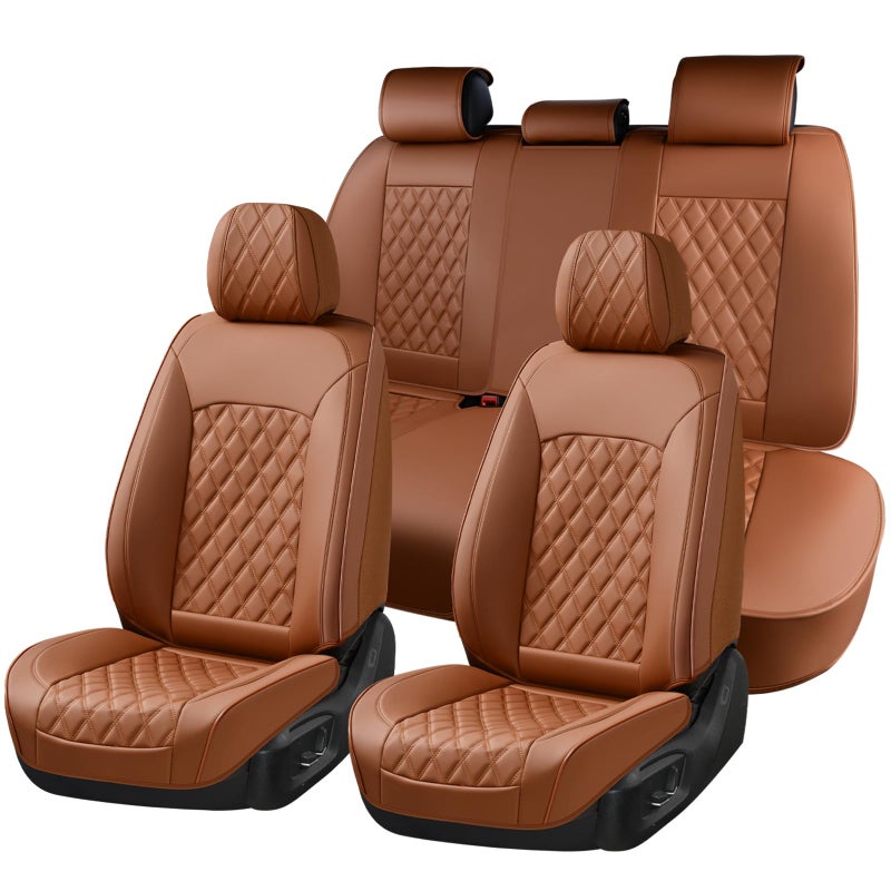 Huidasource Brown Seat Covers, Nappa Leather Car Seat Covers, Velcro Adjustable, Compatible with Airbags, Armrests, Child Seat, Seat Belts, Fit for Most Cars, Vans, Trucks, SUVs (Full Set/Brown) - Image 1