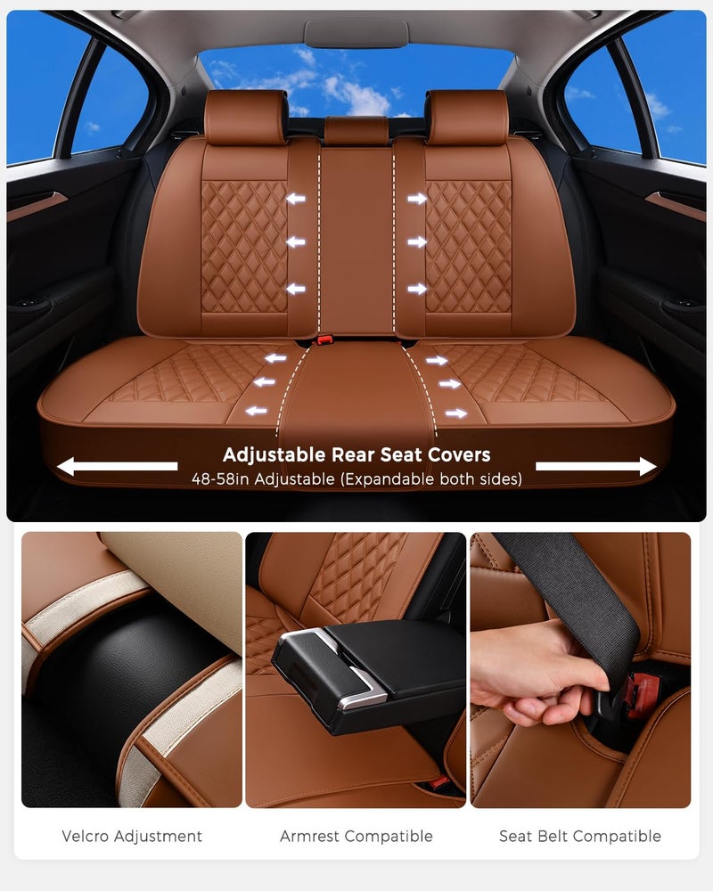 Huidasource Brown Seat Covers, Nappa Leather Car Seat Covers, Velcro Adjustable, Compatible with Airbags, Armrests, Child Seat, Seat Belts, Fit for Most Cars, Vans, Trucks, SUVs (Full Set/Brown) - Image 4