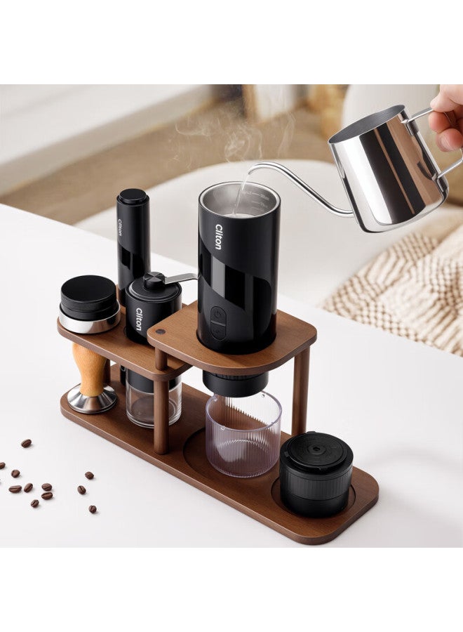 Cliton Portable Coffee Machine Set, Car-mounted Wireless Handheld Italian Espresso Grinder With Milk Frother, Storage Wooden Stand, 9 Pieces - Image 1