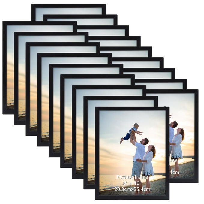 18 PACKS 8X10 BLACK MULTI PLASTIC PICTURE FRAMES SET WITH PLASTIC COVER FOR FAMILY PHOTOS ARTWORK LIGHT WEIGHT BULK 8 BY 10 FRAMES PACK FOR WALL HANGING AND TABLE STYLISH PICTURE FRAMES