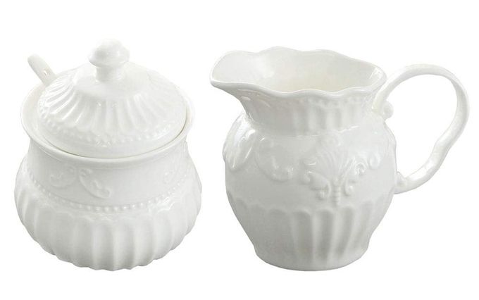 FUYU Relief White Ceramic Creamer and Sugar Bowl Set Coffee Serving Set Cream Pitcher - Image 1