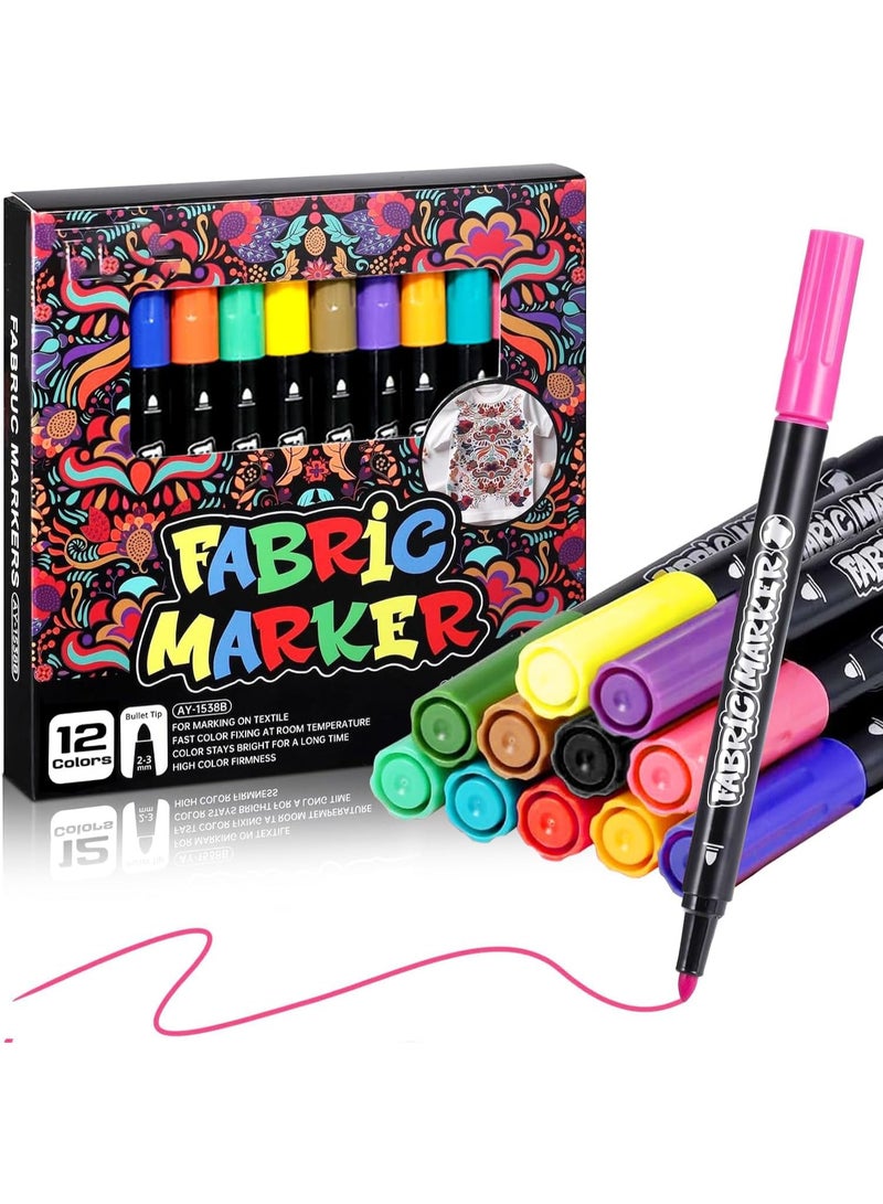 12 Fabric Markers Pens Set, Textile Marker Washable, Non Toxic Fabric Paint Pens, Permanent Marker for Clothes, Fine Point Textile Marker Pen, Craft Paint Pens Art Markers - Image 1