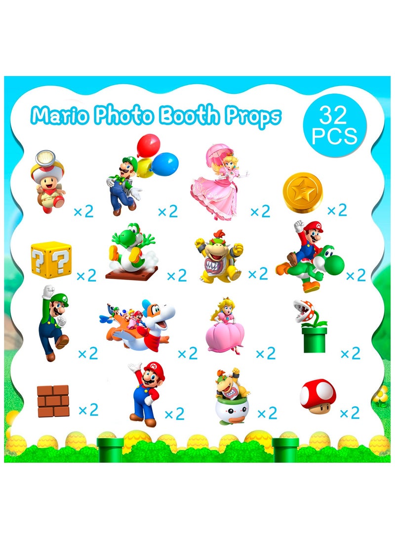 FRUITFUL PARTY Super Mario Party Decorations Photo Props with Stick, 32pcs Mario Photo Booth Props Super Mario Photo Props Mario Party Photo Booth Props, Super Mario Birthday Party Supplies - Image 2