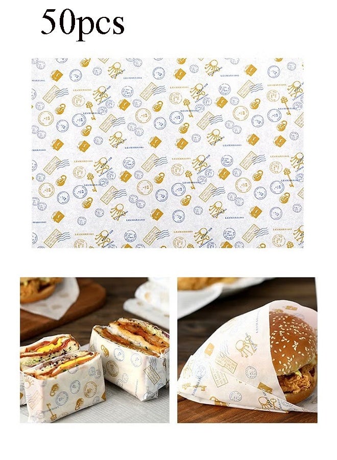 YJ 50 Sheets of Food-grade Wrapping Paper for Bread Sandwiches, Hamburgers and Fries, and Greaseproof Paper for Burger Trays, Baking Tools, - Image 1