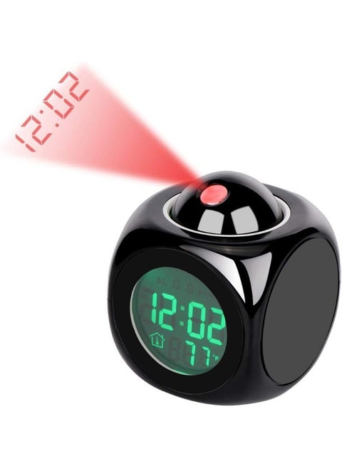 Projection Alarm Clock - Multi-function Digital LCD Wall Projection Voice Talking Temperature Display LED Alarm Clock 12hr/24hr - Black