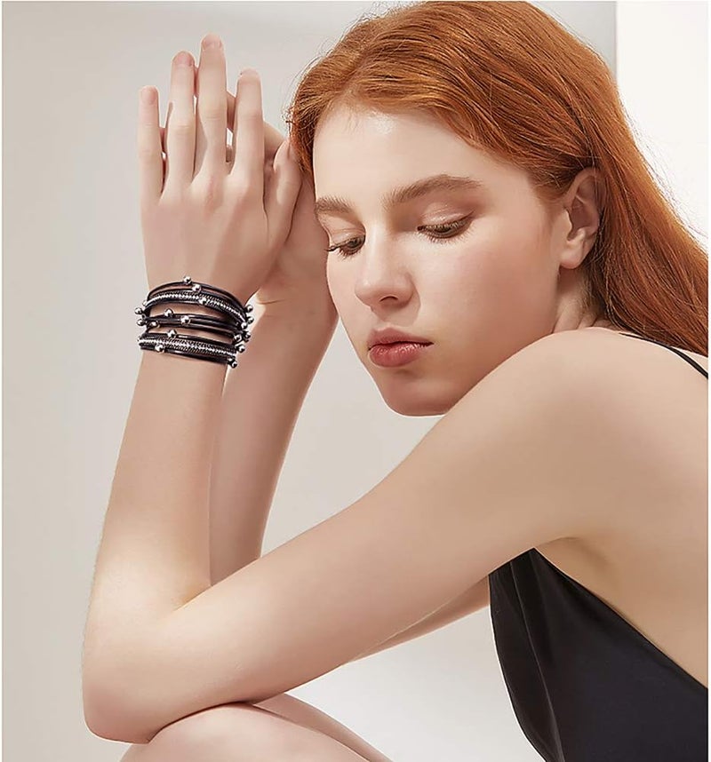 Suyi Women Wrap Bracelet Multilayered Leather Braided Bangle Wrist Cuff Bangles with Magnetic Buckle - Image 2