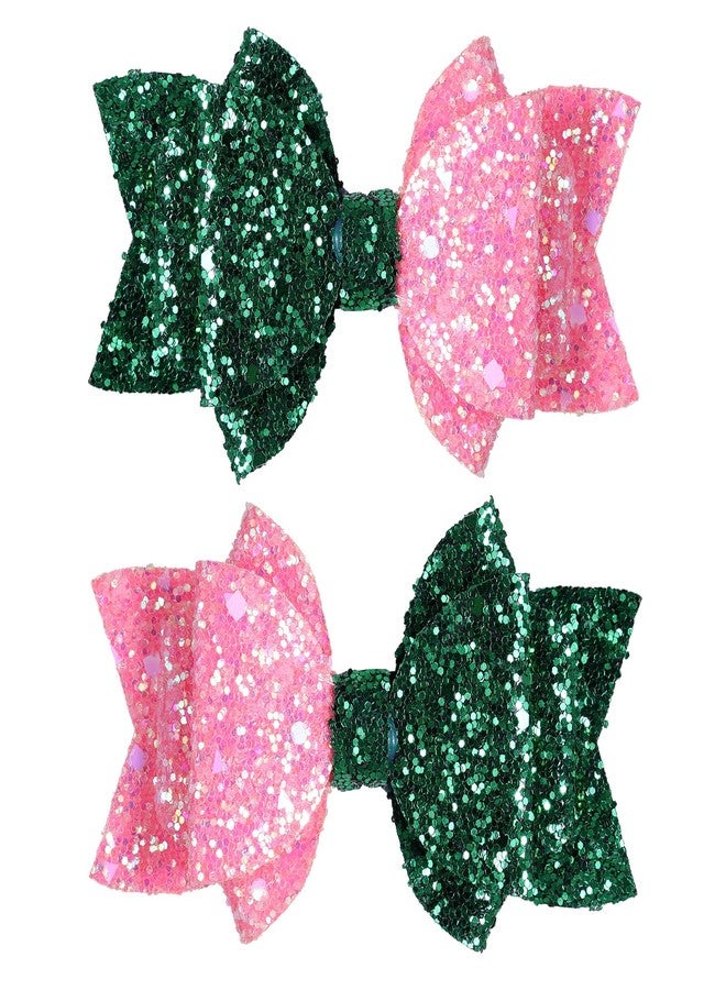 Miroksh 4" Glitter Pink Green Cartoon Hair Bows Clips Witch Birthday Bow-Knot Hair Barrette for Women Girls Movie Fans Gift Bad Witch Halloween Costume Decor Accessories Set of 2 - Image 1