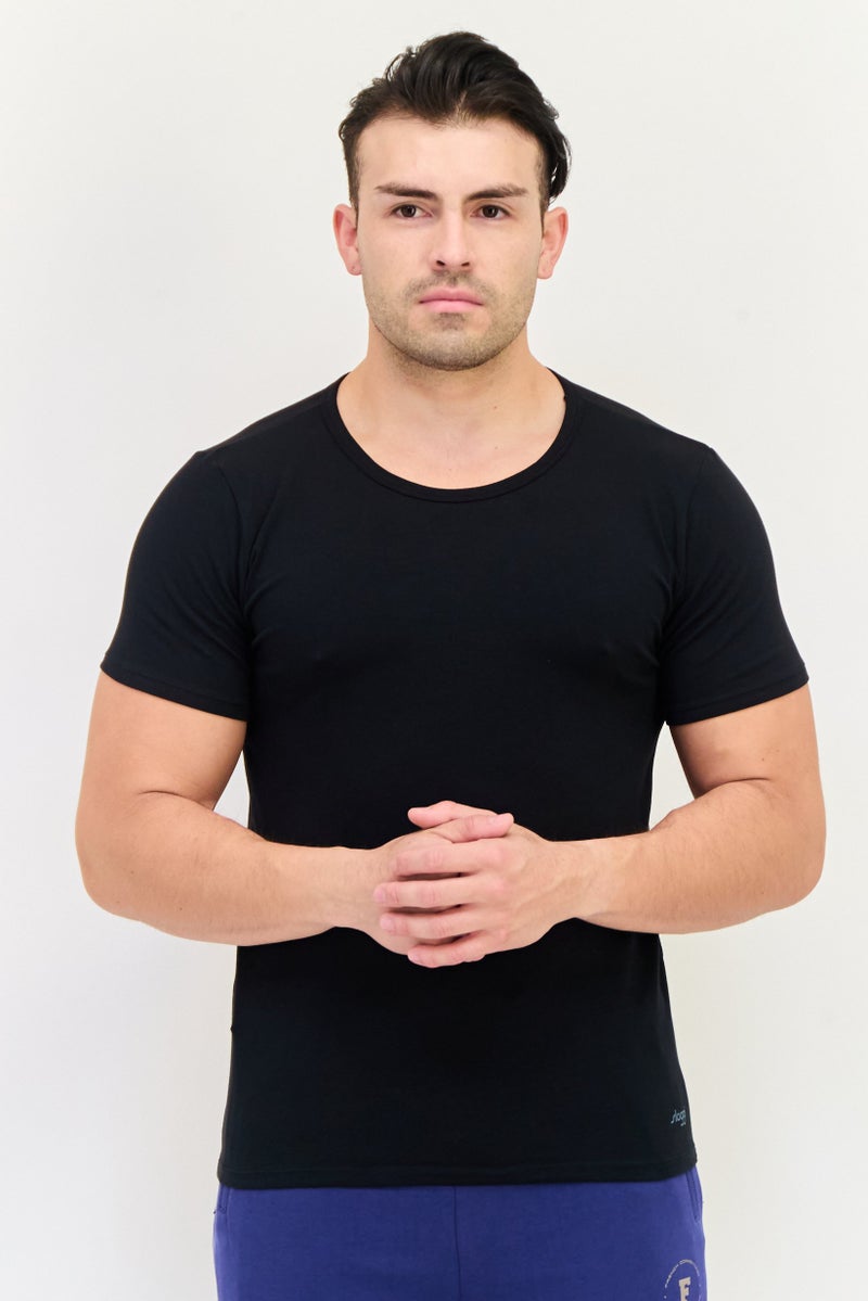 sloggi Men 2 Pieces Round Neck Short Sleeve Brand Logo Undershirt, Black  - Image 1