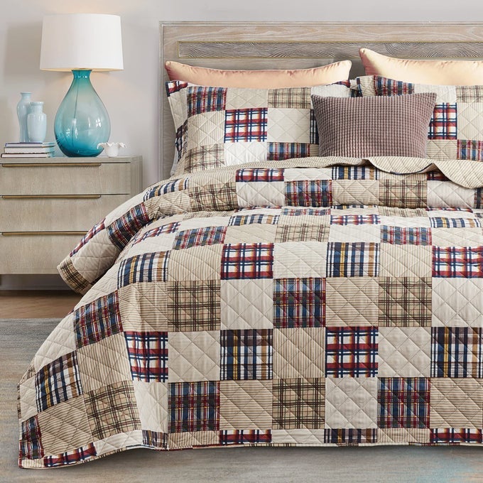 PLAID QUILT QUEEN SIZE CLASSIC TARTAN PLAID PATTERN LIGHTWEIGHT BEDSPREAD COVERLET SET COUNTRY PATCHWORK BEDDING COVER FOR ALL SEASON 3 PIECE BEIGE