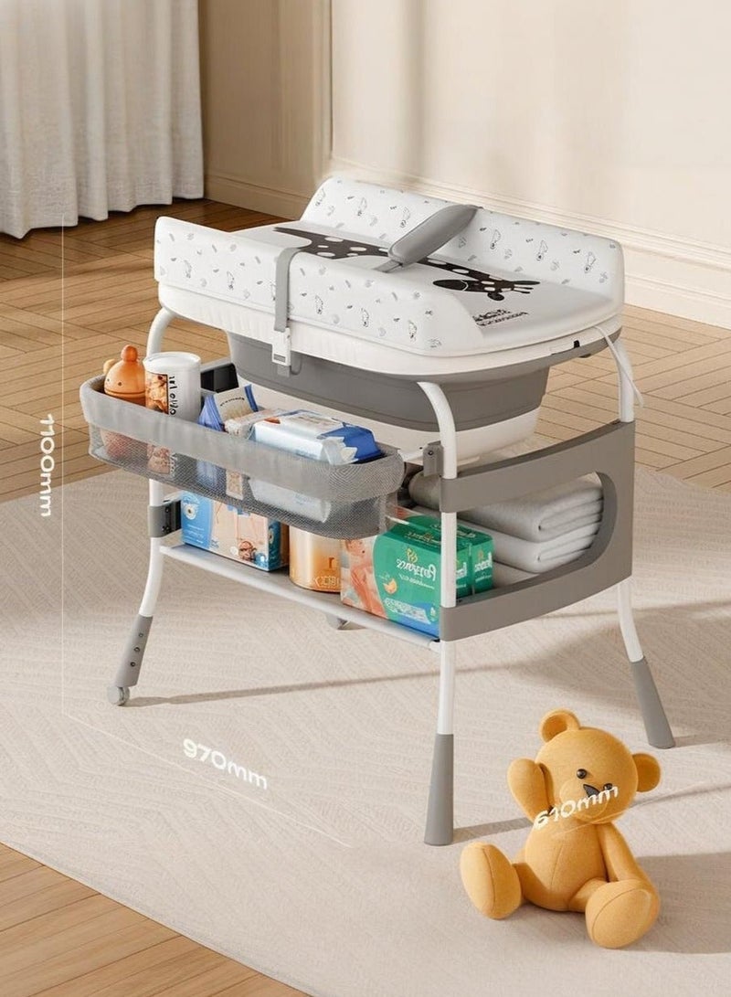 والالا حوض استحمام وطاولة تغيير حفاضات للأطفال 2 في 1، ارتفاع قابل للتعديل، محطة حفاضات قابلة للطي، وسادة مقاومة للماء مع رف تخزين وعجلات، حوض استحمام للأطفال مع شاشة عرض مقياس حرارة - Image 2