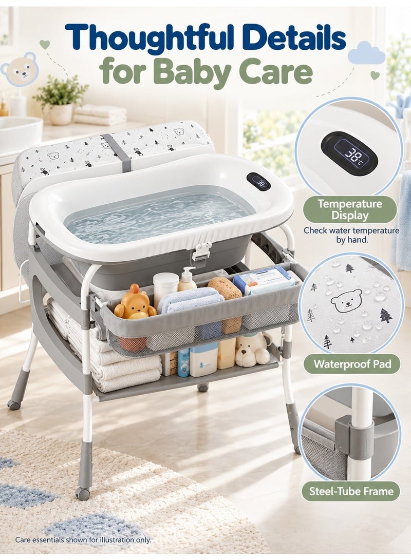 WALALLA 2-in-1 Baby Bathtub and Changing Table, Height-Adjustable Diaper Station with Foldable Bath Tub, Waterproof Changing Pad, Temperature Display, Storage Organizers and Lockable Wheels, Grey - Image 3
