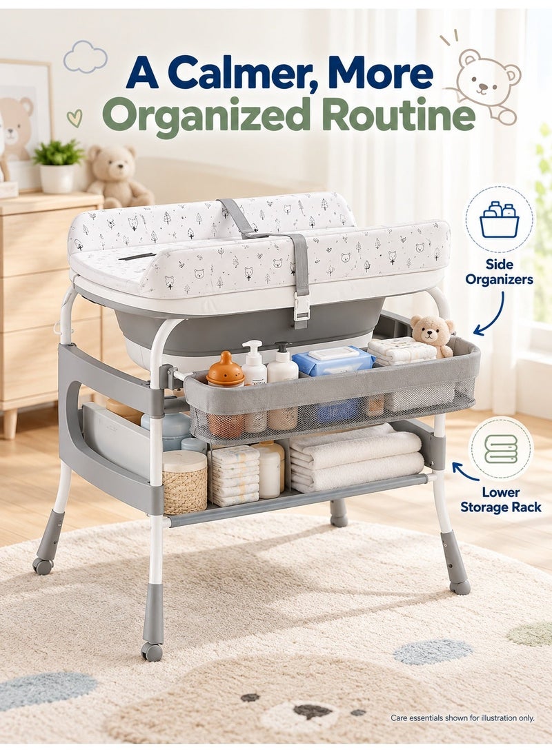 WALALLA 2-in-1 Baby Bathtub and Changing Table, Height-Adjustable Diaper Station with Foldable Bath Tub, Waterproof Changing Pad, Temperature Display, Storage Organizers and Lockable Wheels, Grey - Image 2